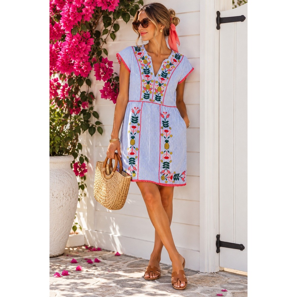 Boden Bea Embroidered Linen Shift Dress NWOT Blue Stripe Floral Pineapple US 2R